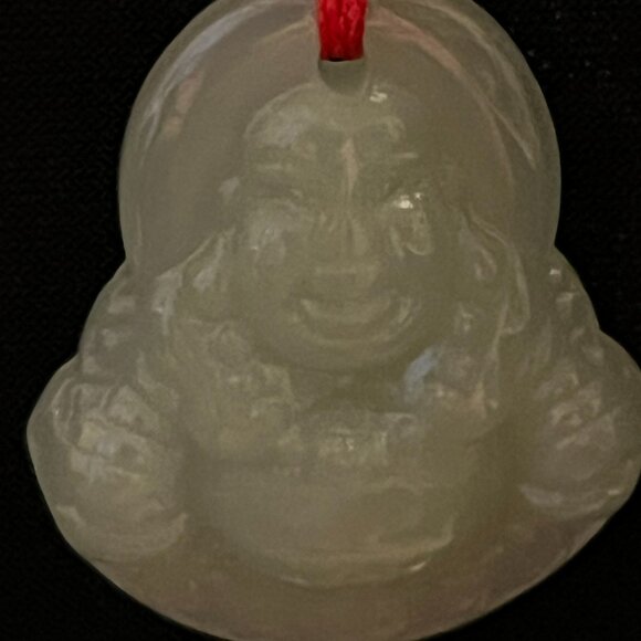 Green Laughing Buddha Glass Pendant on Adjustable Red Cord Necklace - Picture 2 of 9